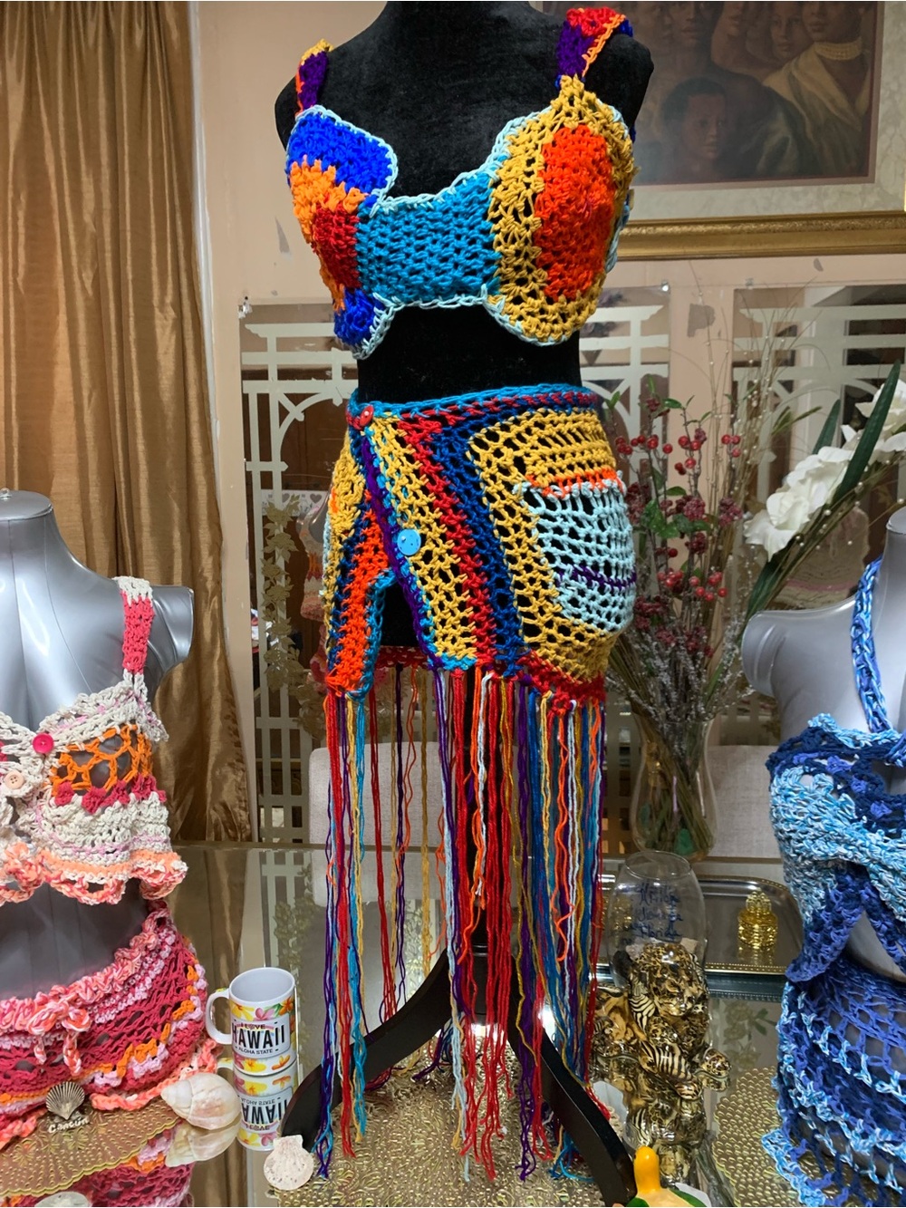 OOAK Handmade Multicolor Rainbow Crochet Crop Top & Fringe Skirt Set